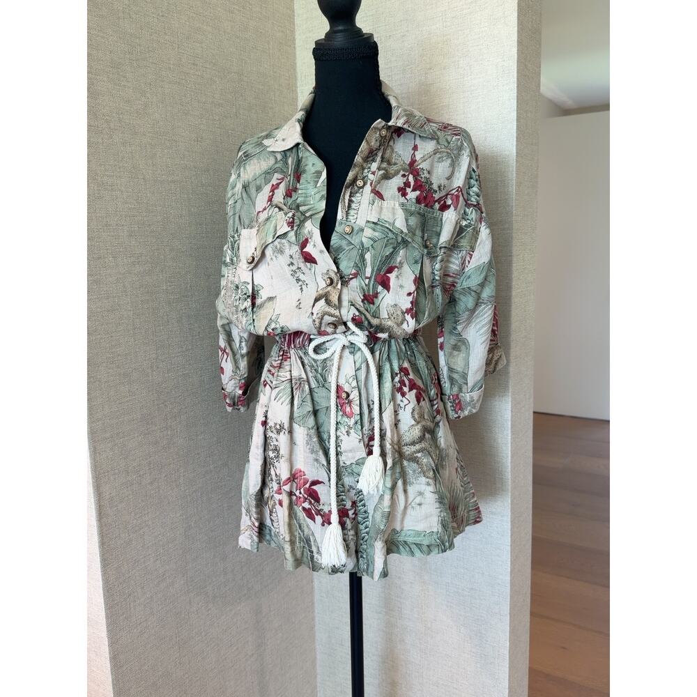 Zimmermann Cassia Jungle Print Belted Linen Playsuit Size 0 - Picture 2 of 6